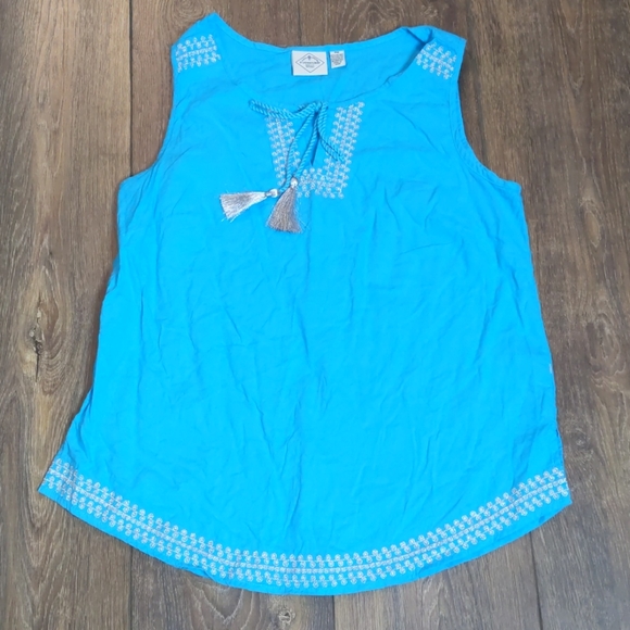 St. John's Bay Tops - St John's Bay sleeveless tank vibrant blue tassle tie embroidered detail Medium